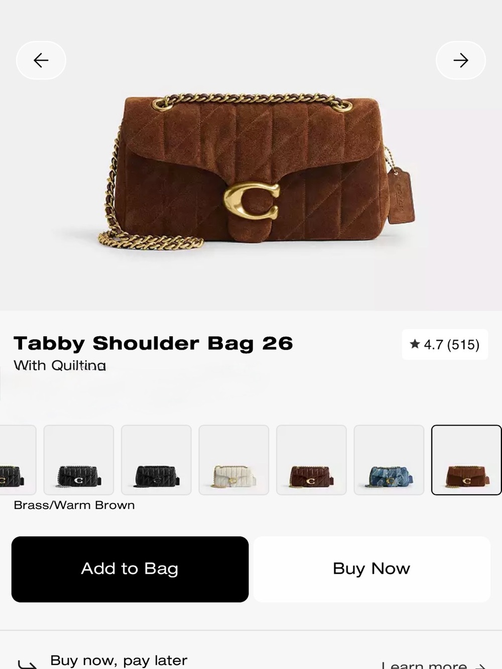 Coach Tabby Shoulder Bag 26 quilted in Warm Brown Suede with Brass Hardware